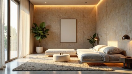 Fototapeta premium Serene Minimalist Bedroom Interior Design with Sunlit Floor and Neutral Color Palette