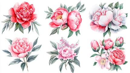 A set of six vibrant watercolor peony