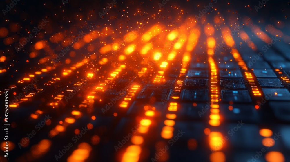 Poster a computer screen with a lot of orange and black lines. digital data stream background with glowing 
