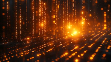 Fototapeta premium A computer generated image of a bright orange and black pattern. Digital data stream background with glowing binary code and bokeh lights. Abstract digital technology wallpaper.