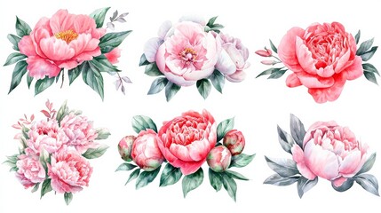 A soft and romantic collection of watercolor peony flowers