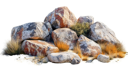 Natural rock formation with desert vegetation on transparent background, cut out. Perfect for environment, gaming, and 3D visualization projects