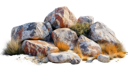Natural rock formation with desert vegetation on transparent background, cut out. Perfect for environment, gaming, and 3D visualization projects