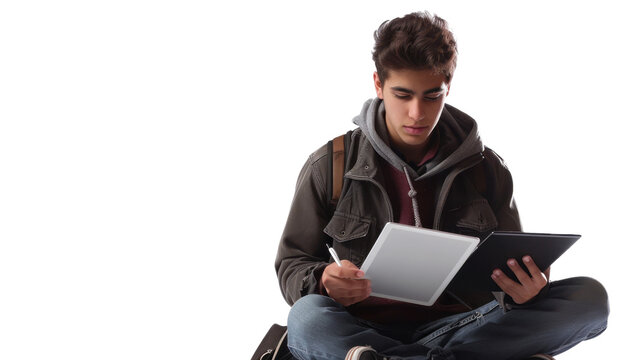 Focused student studying with tablet and textbook on transparent background