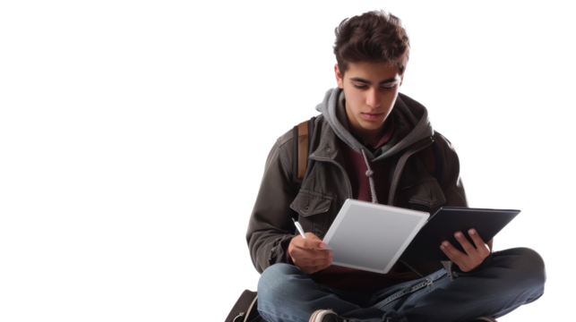 Focused student studying with tablet and textbook on transparent background