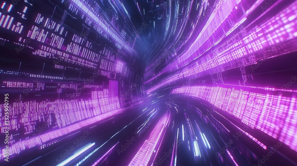 Aufkleber a purple and blue light show with many lines. digital data stream background with glowing binary cod