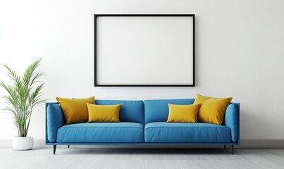 Blue sofa with yellow pillows and blank frame in minimalist room.