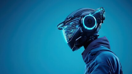 Cybernetic Sentinel: A futuristic portrait of a person in profile, encased in a high-tech cybernetic helmet with integrated glowing elements and futuristic design.