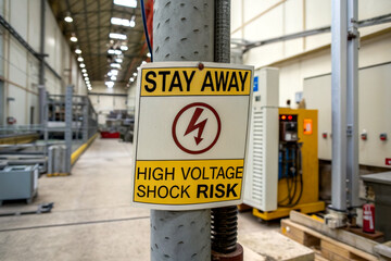A safety sign indicating high voltage shock risk, advising people to stay away, placed in a factory or industrial setting.