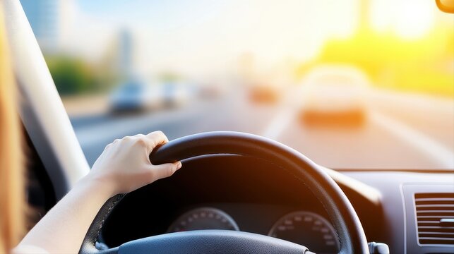 Joyful woman driving her insured car through bustling city streets with confidence and a bright smile on her face