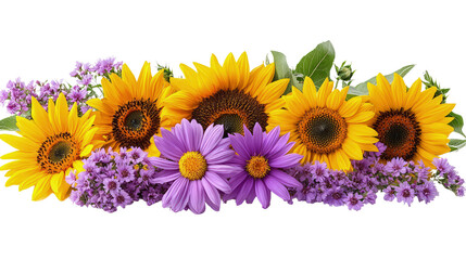 Floral border with sunflowers, daisies and purple flowers on white, cut out. Perfect for wedding, celebration, and seasonal design concepts