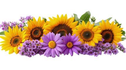 Floral border with sunflowers, daisies and purple flowers on white, cut out. Perfect for wedding, celebration, and seasonal design concepts