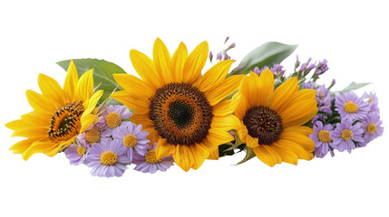Floral border with sunflowers, daisies and purple flowers on white, cut out. Perfect for wedding, celebration, and seasonal design concepts