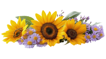 Floral border with sunflowers, daisies and purple flowers on white, cut out. Perfect for wedding, celebration, and seasonal design concepts