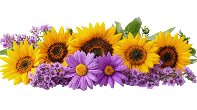 Floral border with sunflowers, daisies and purple flowers on white, cut out. Perfect for wedding, celebration, and seasonal design concepts