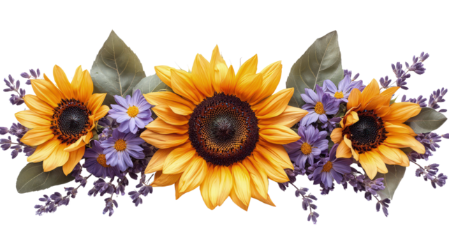 Floral border with sunflowers, daisies and purple flowers on white, cut out. Perfect for wedding, celebration, and seasonal design concepts