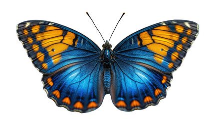 Fototapeta premium Azure Wings: An exquisite butterfly showcases vibrant hues of blue and orange across its open wings, revealing intricate patterns and details in a macro shot.