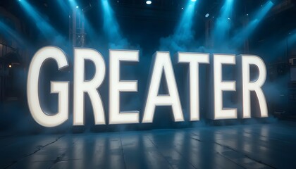 Illuminated Greater Sign with Smoke and Reflections on a Dark Floor