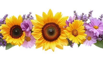 Floral border with sunflowers, daisies and purple flowers on white, cut out. Perfect for wedding, celebration, and seasonal design concepts