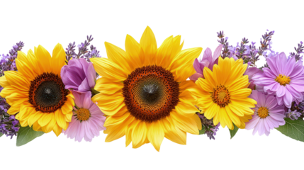 Floral border with sunflowers, daisies and purple flowers on white, cut out. Perfect for wedding, celebration, and seasonal design concepts
