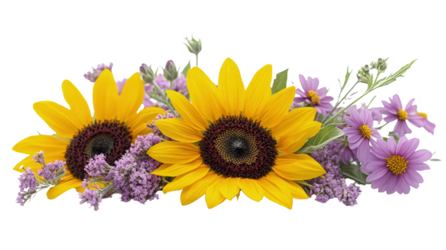 Floral border with sunflowers, daisies and purple flowers on white, cut out. Perfect for wedding, celebration, and seasonal design concepts