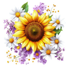 Floral border with sunflowers, daisies and purple flowers on white, cut out. Perfect for wedding, celebration, and seasonal design concepts