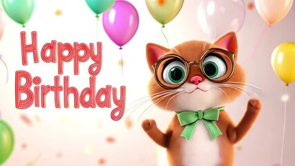 A cheerful funny cat in glasses with bow on his neck dances and smiles. Happy ginger cat dances funny among balloons. A funny birthday card with dancing cartoon cat and inscription "Happy Birthday"