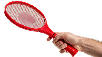 Hand holding red electric fly swatter on transparent background