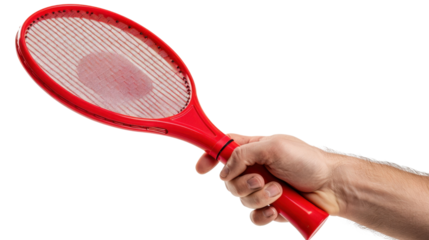 Hand holding red electric fly swatter on transparent background