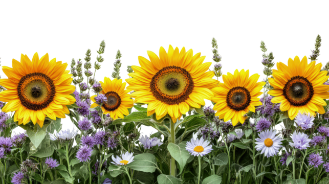 Floral border with sunflowers, daisies and purple flowers on white, cut out. Perfect for wedding, celebration, and seasonal design concepts