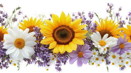 Floral border with sunflowers, daisies and purple flowers on white, cut out. Perfect for wedding, celebration, and seasonal design concepts