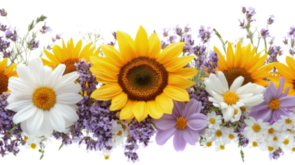 Floral border with sunflowers, daisies and purple flowers on white, cut out. Perfect for wedding, celebration, and seasonal design concepts