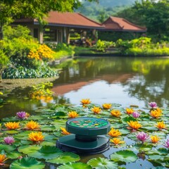 Fototapeta premium Serene Pond with Colorful Water Lilies and Tranquil Surroundings