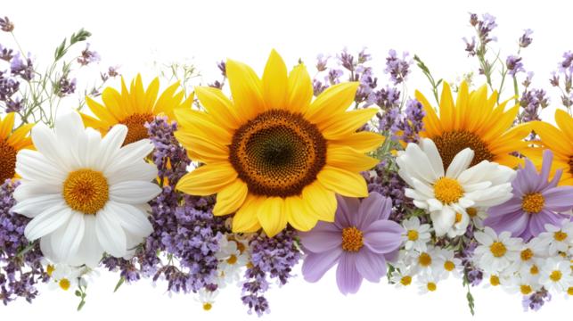 Floral border with sunflowers, daisies and purple flowers on white, cut out. Perfect for wedding, celebration, and seasonal design concepts