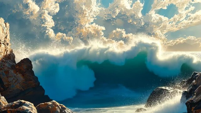 Dramatic ocean waves crash against rocky shore under stunning cloudscape