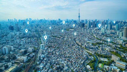 Aerial View of Urban Landscape with Location Pins and Tokyo Skyscrapers