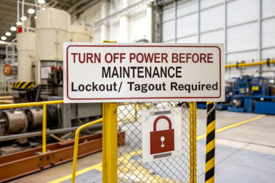 A safety sign instructing to turn off power before maintenance, highlighting the importance of lockout/tagout procedures in an industrial setting.