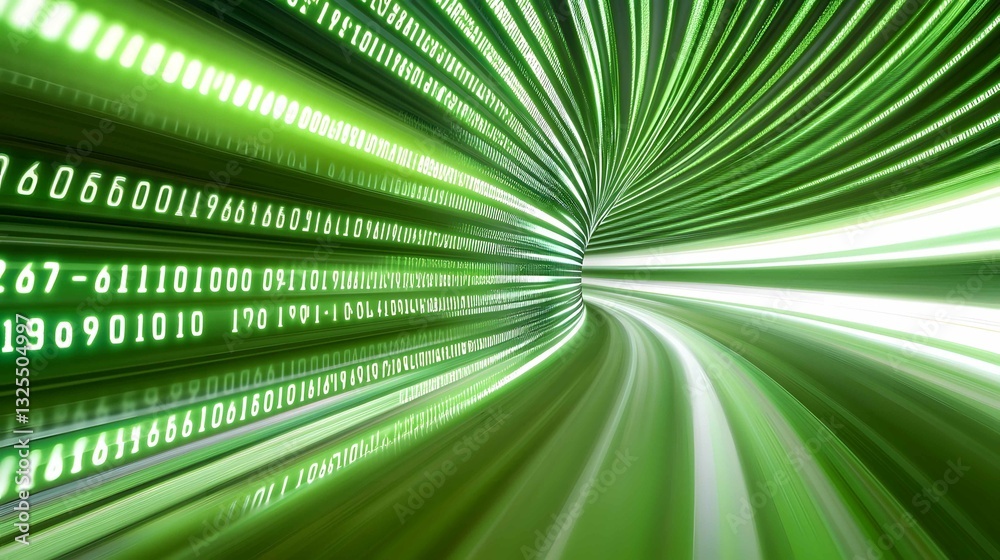 Poster digital tunnel illuminated by green binary code with a sense of movement evokes technology and data 
