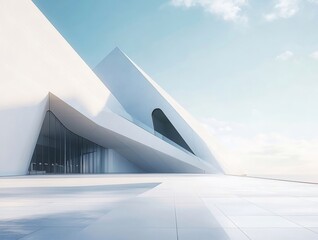 Modern White Geometric Building Exterior Under Bright Sky
