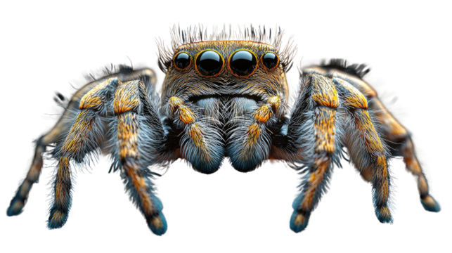Jumping Spider Up Close: A highly detailed macro photograph captures the striking appearance of a jumping spider, showcasing its intricate features and vibrant colors
