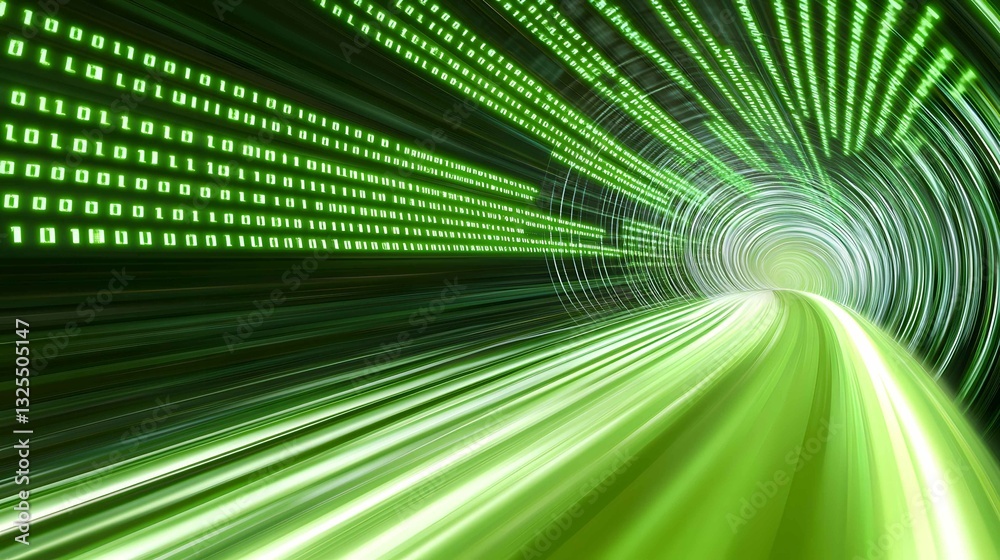 Poster dynamic green tunnel with binary code flowing, showcasing a futuristic data stream experience in a d