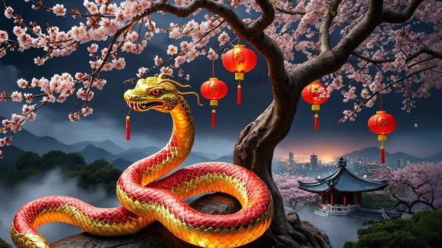 A golden and red dragon like serpent rests under a blossoming cherry tree with Chinese lanterns and a cityscape in the background