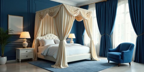 Serene Bedroom Sanctuary Featuring a Luxurious Four Poster Bed with Draped Curtains and a Comfortable Armchair