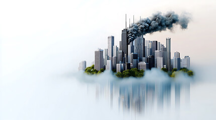 Obraz premium Urban pollution crisis skyscrapers emit smoke over greenery digital art foggy environment aesthetic perspective
