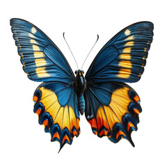Fototapeta premium Tropical butterfly with blue and yellow wings on white background, cut out. Perfect for nature, wildlife, and transformation concepts