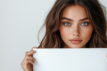 a portrait of a beautiful woman with stunning eyes, holding a sign or a sheet. She looks directly at the viewer with an air of poise and elegance. 