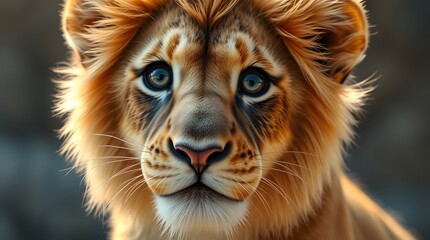 Naklejka premium Lion Cub Close-up Portrait with Innocent Gaze and Soft Fur