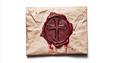 An old envelope with a wax seal, a cross on the seal, on a white background