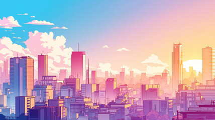Fototapeta premium 都市のサンセットとパステルカラーの幻想的な空｜ピンクとゴールドが交差する美しいシティスケープ｜高層ビル群が浮かぶサイバーパンク調の都市風景｜80年代レトロフューチャースタイルの街並み