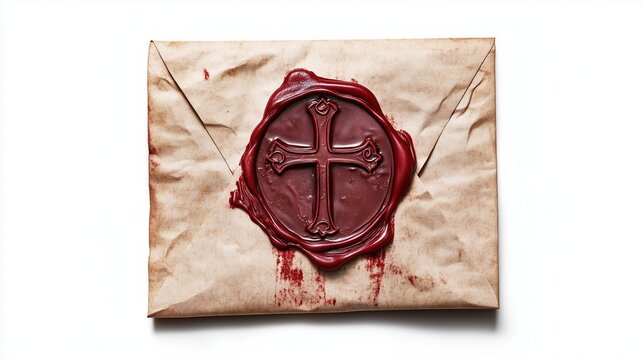 An old envelope with a wax seal, a cross on the seal, on a white background